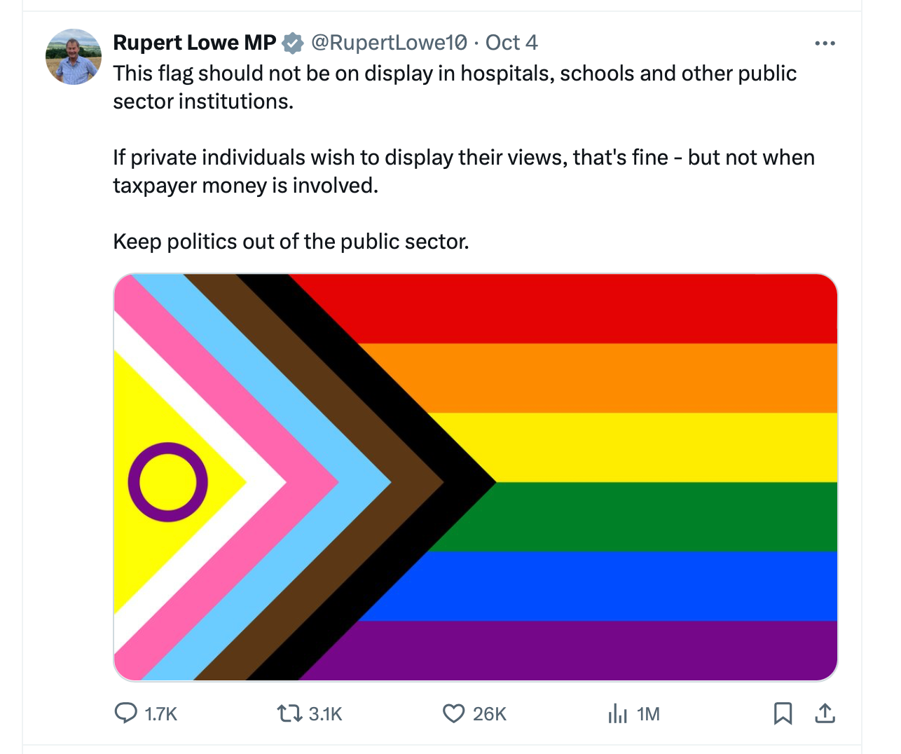 Reform MP Rupert Lowe's tweet regarding the LGBT flag being flown at Schools and Hospitals