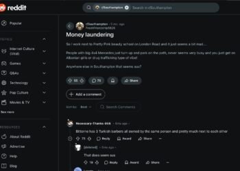 Reddit thread discusses Shops and Bars in Southampton concerned residents believe are money laundering fronts