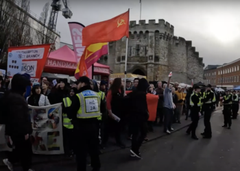 Southampton Anti-Racism Protesters Fly Red Russian Communism Hammer & Sickle Flag responsible for millions of deaths in Soviet Union