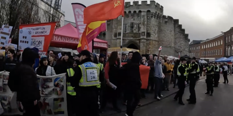 Southampton Anti-Racism Protesters Fly Red Russian Communism Hammer & Sickle Flag responsible for millions of deaths in Soviet Union