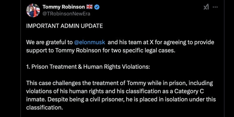 Elon Musk to fund Tommy Robinson Legal battle in UK say team