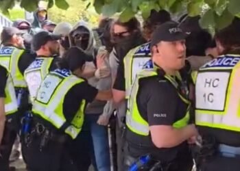 Masked Anti-racism hooligans attempt to disrupt peaceful protest outside Highfield House Hotel in Southampton