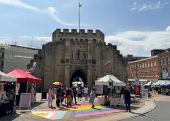 Southampton Pride takes over Southampton Council Buildings for Celebration weekend with LGBTQIA+ Flag painted on Bargate