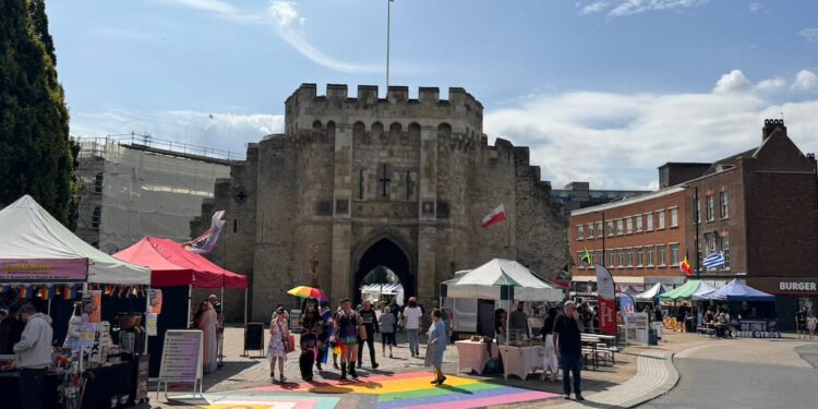 Southampton Pride takes over Southampton Council Buildings for Celebration weekend with LGBTQIA+ Flag painted on Bargate